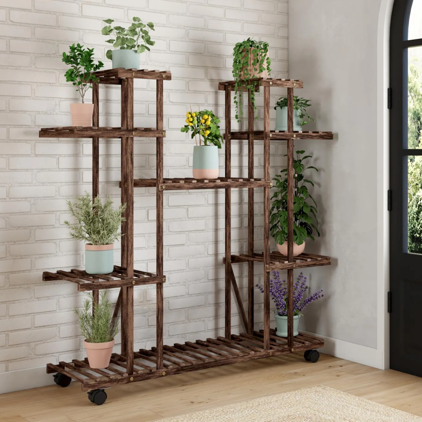 Étagère à pots de fleurs en bois de sapin 8 niveaux et roulettes