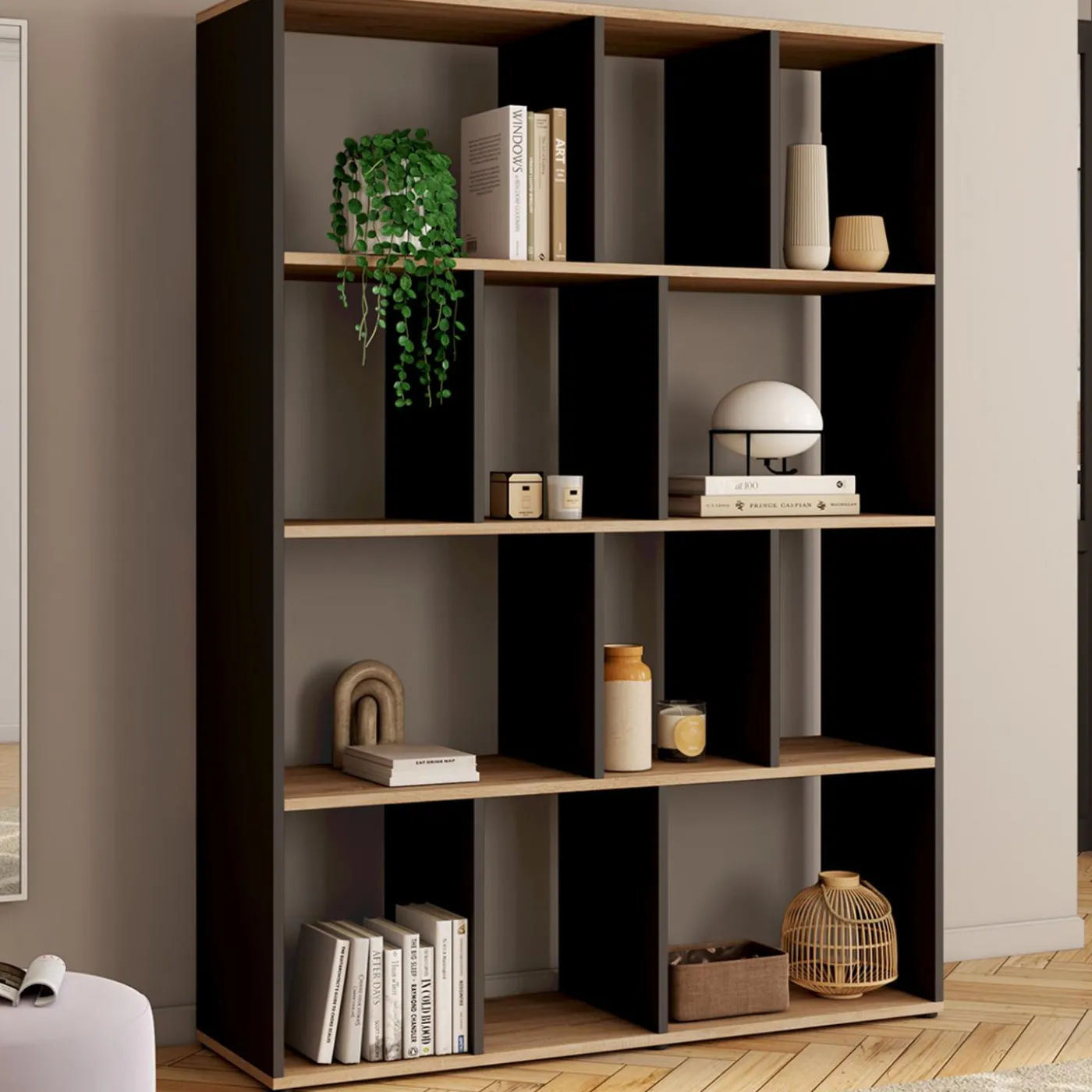 Étagère bibliothèque 4 niveaux noir et effet bois 143 cm
