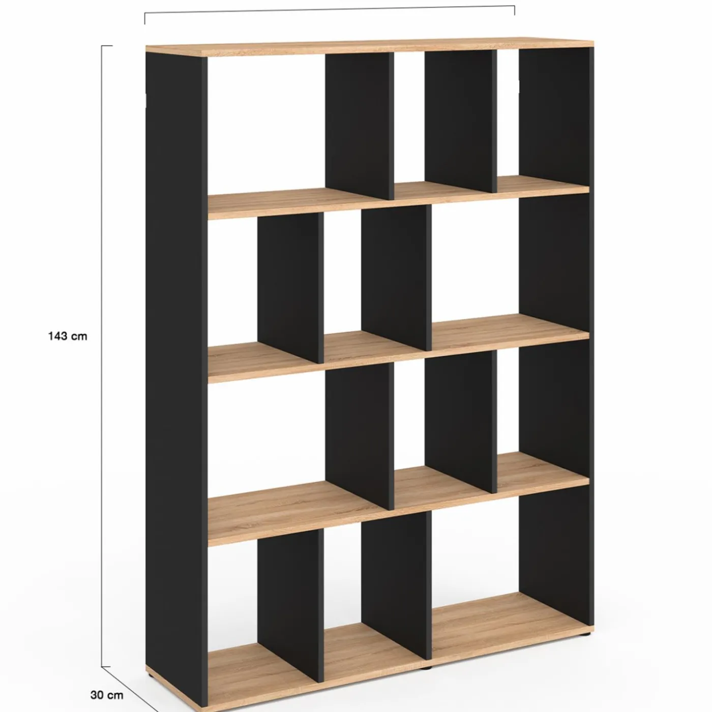 Étagère bibliothèque 4 niveaux noir et effet bois 143 cm