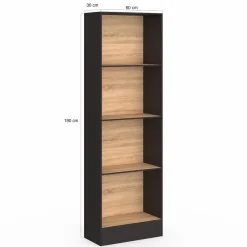 Étagère bibliothèque 5 niveaux noir et effet bois H.190cm