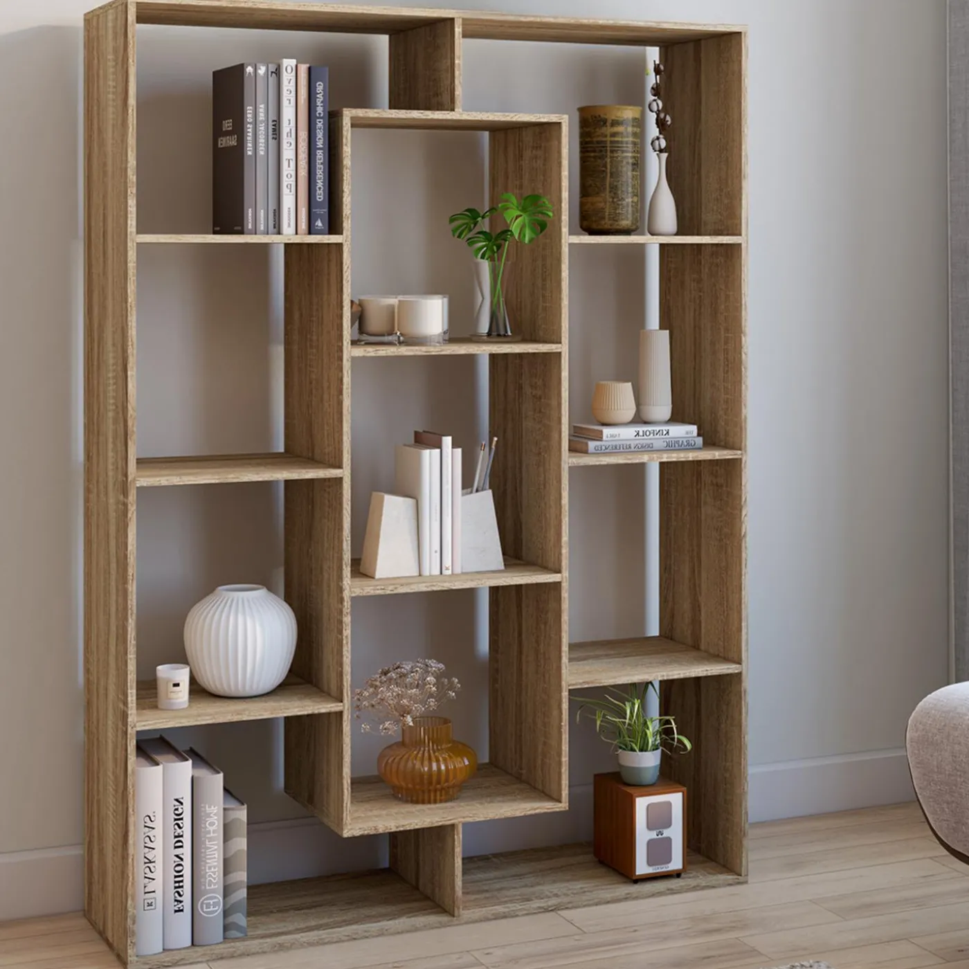 Étagère bibliothèque avec 11 compartiments effet bois