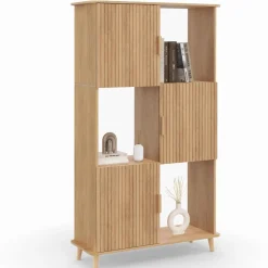 Étagère bibliothèque bois coloris chêne lattes tasseau avec 6 compartiments
