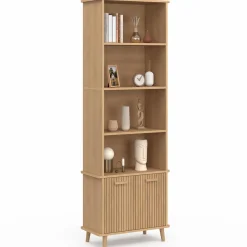 Étagère bibliothèque bois coloris chêne 4 niveaux avec placard lattes tasseau