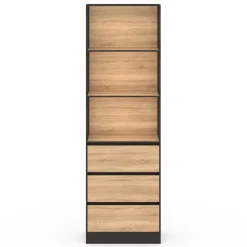 Étagère bibliothèque bois et noir 3 tiroirs 3 niveaux H.190cm