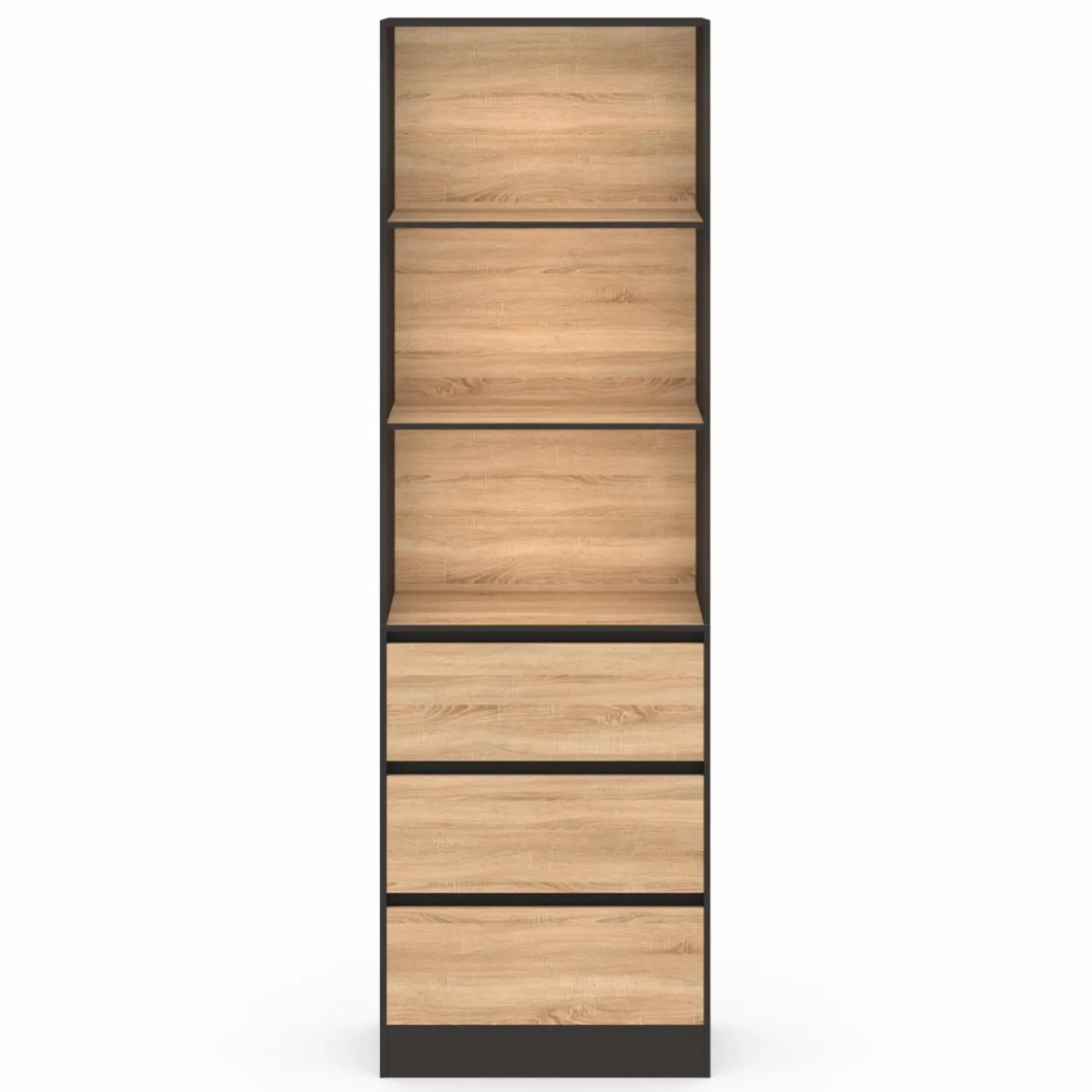Étagère bibliothèque bois et noir 3 tiroirs 3 niveaux H.190cm