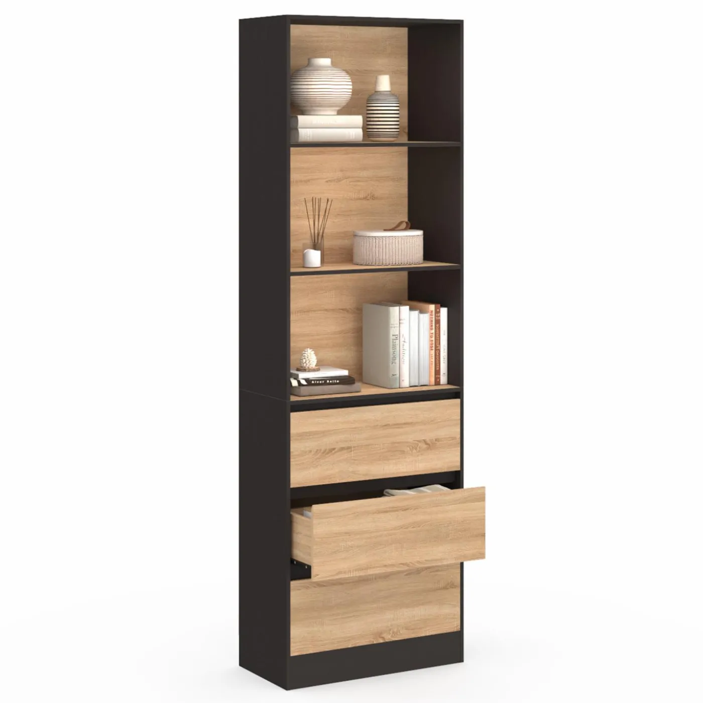 Étagère bibliothèque bois et noir 3 tiroirs 3 niveaux H.190cm