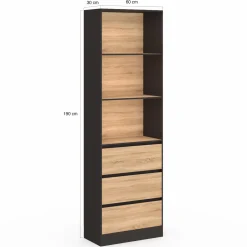 Étagère bibliothèque bois et noir 3 tiroirs 3 niveaux H.190cm