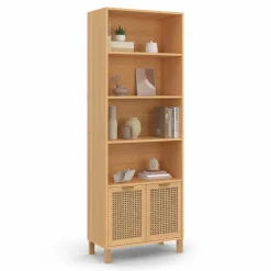 Étagère bibliothèque cannage et bois 4 niveaux avec placard