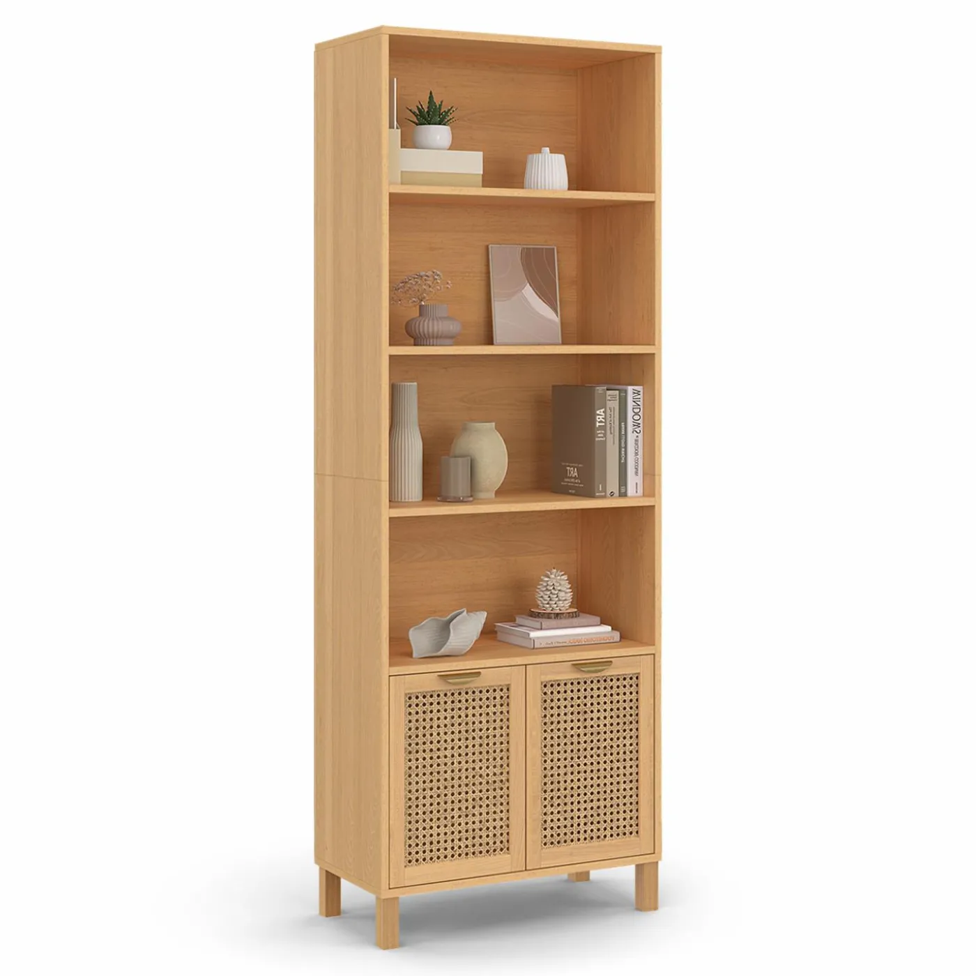 Étagère bibliothèque cannage et bois 4 niveaux avec placard