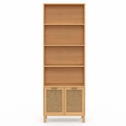 Étagère bibliothèque cannage et bois 4 niveaux avec placard