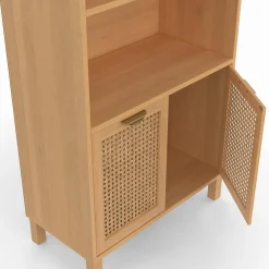 Étagère bibliothèque cannage et bois 4 niveaux avec placard