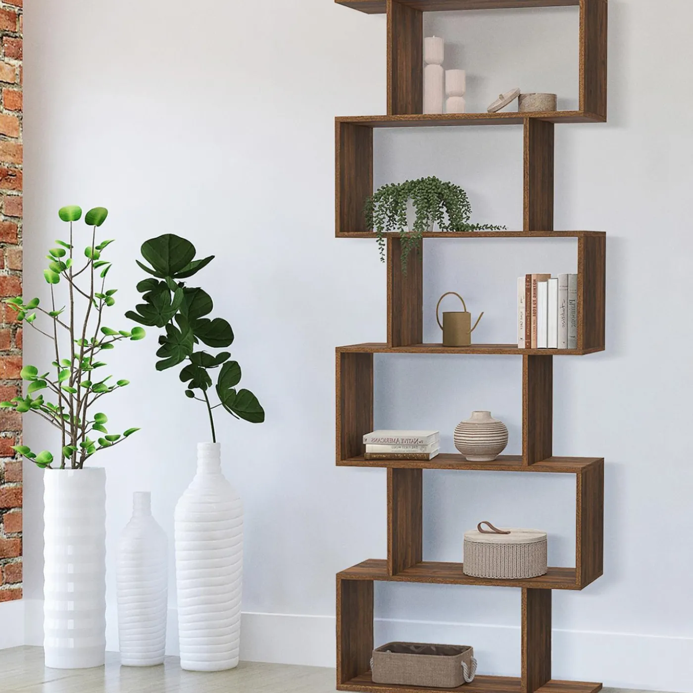 Étagère bibliothèque en forme de S effet noyer 189 cm