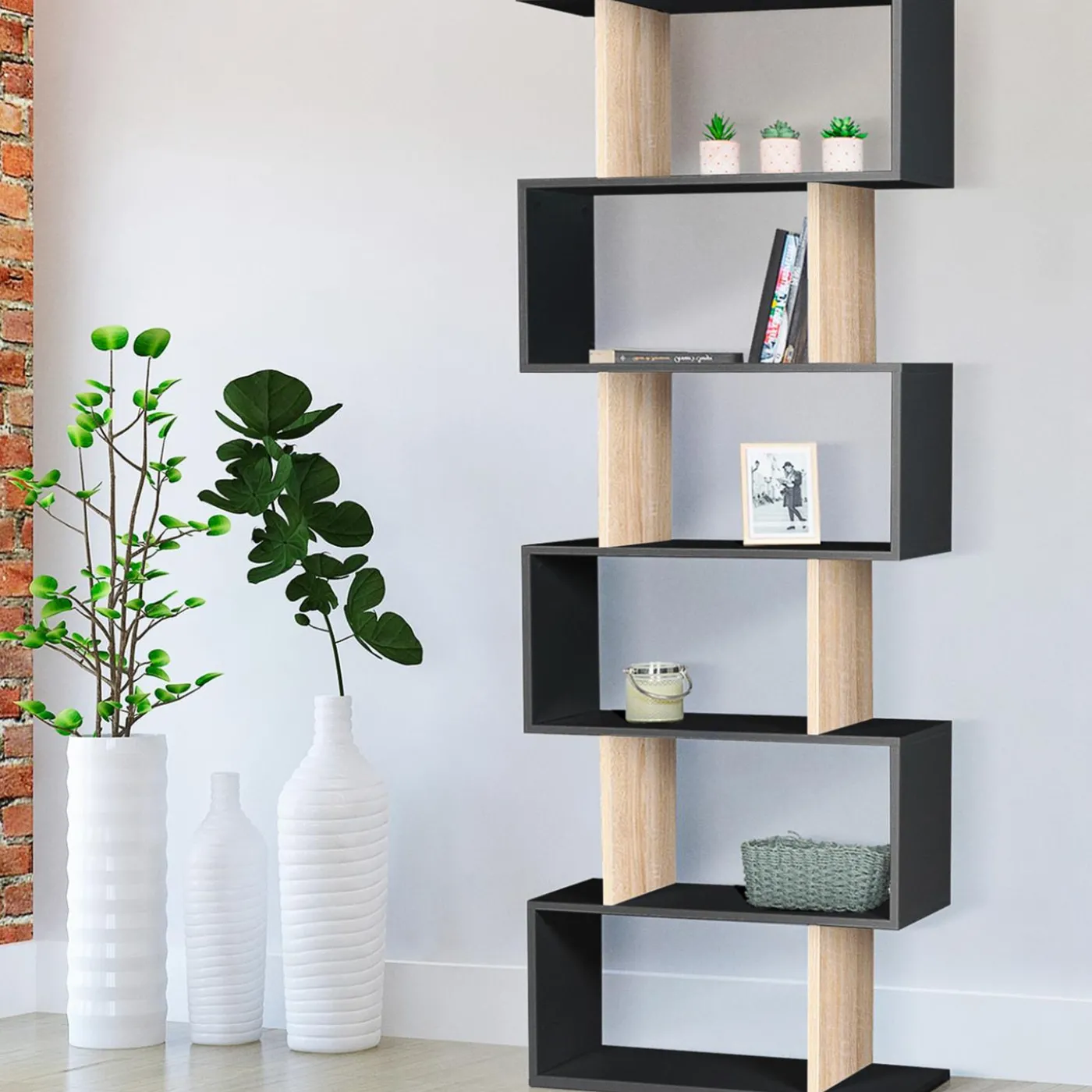 Étagère bibliothèque en S 189cm bois façon hêtre et noir