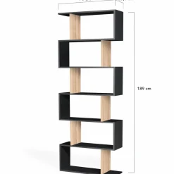Étagère bibliothèque en S 189cm bois façon hêtre et noir