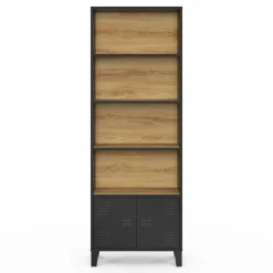Étagère bibliothèque industrielle bois et noir 4 niveaux avec placard portes métalliques