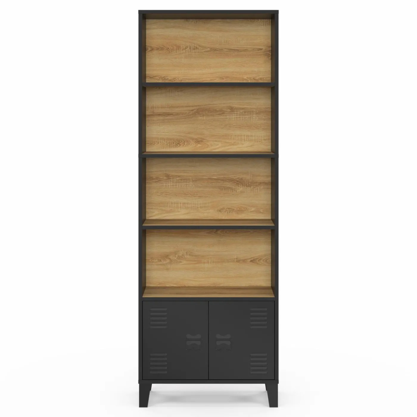 Étagère bibliothèque industrielle bois et noir 4 niveaux avec placard portes métalliques