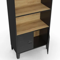 Étagère bibliothèque industrielle bois et noir 4 niveaux avec placard portes métalliques