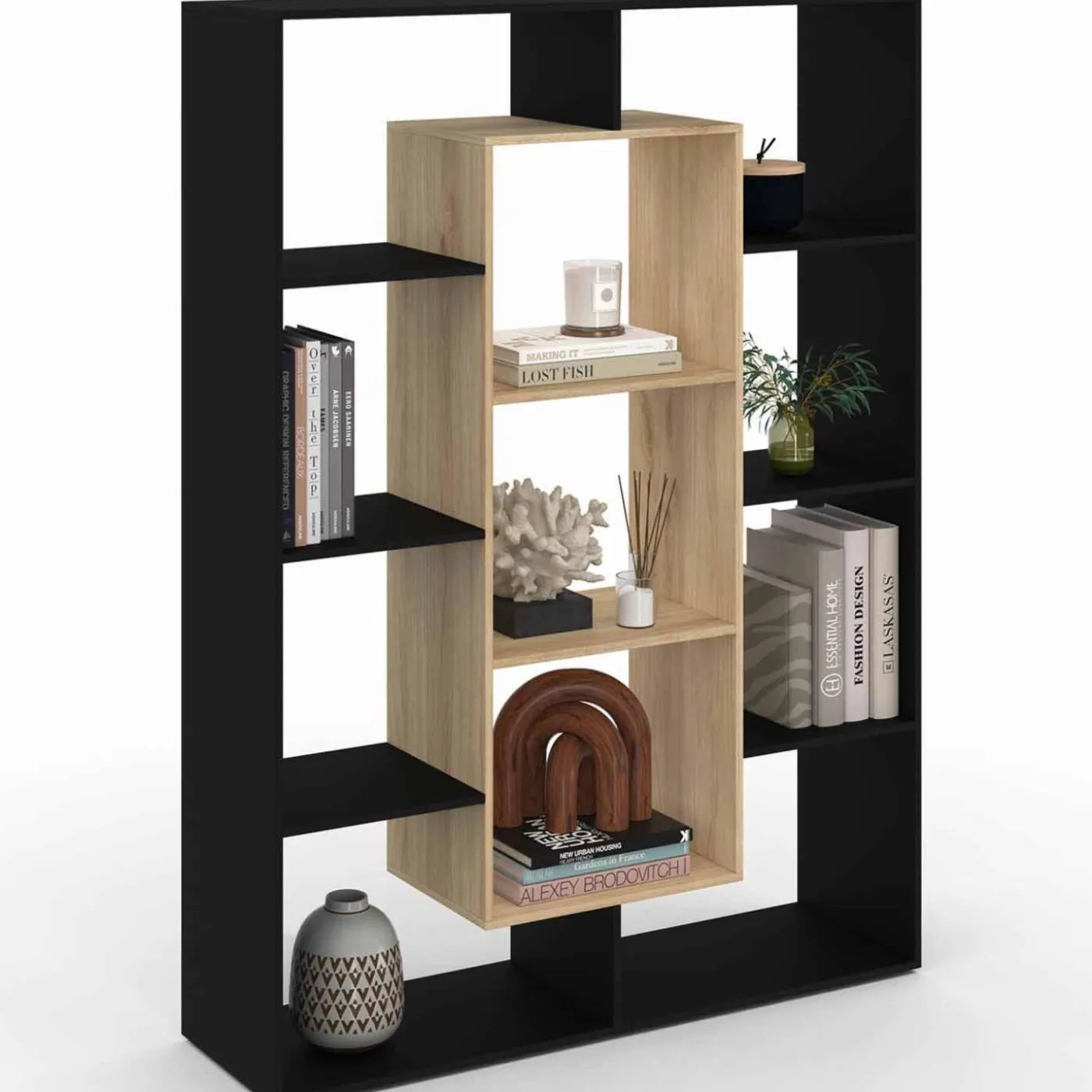 Étagère bibliothèque noire et bois 143 cm 11 compartiments