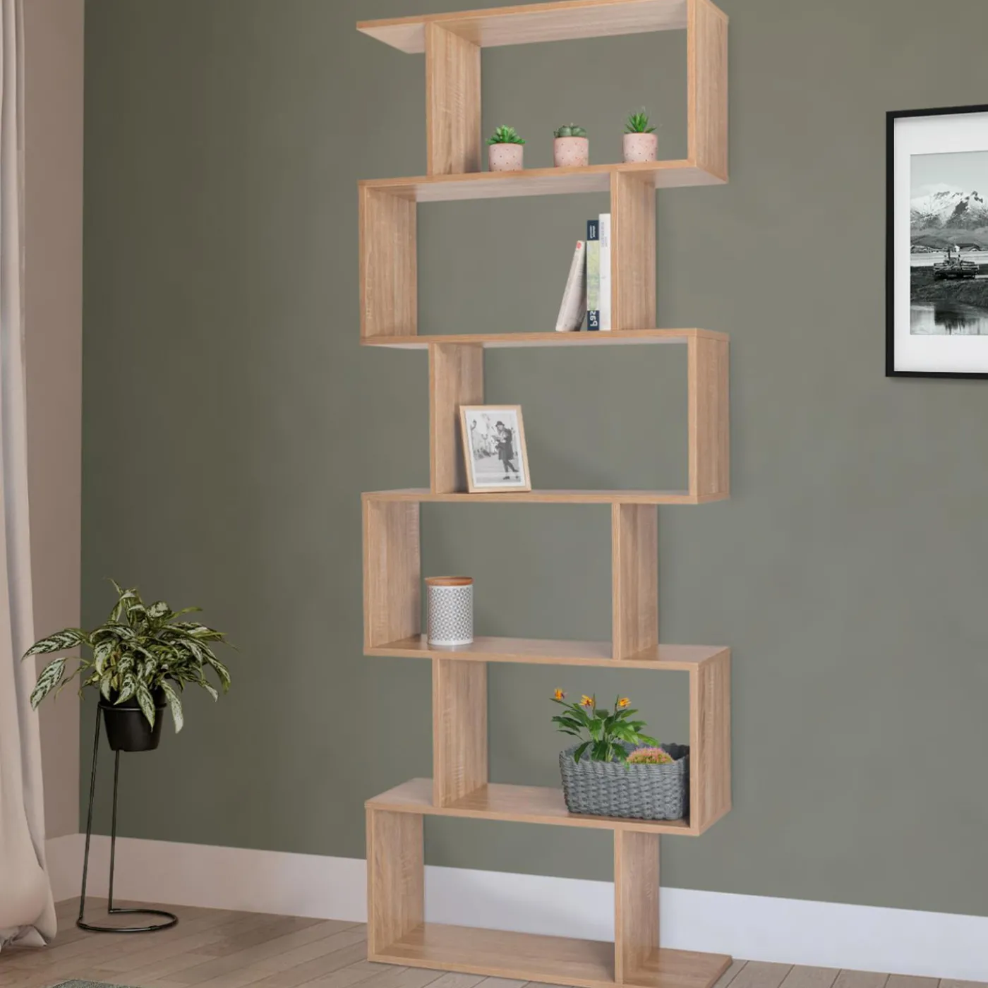 Étagère bois imitation hêtre en S 6 niveaux