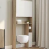 Étagère dessus WC blanc et bois façon hêtre avec dévidoir à papier
