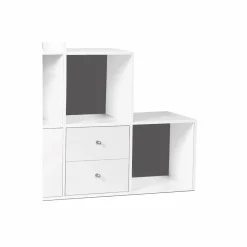 Étagère escalier bois blanc fond gris 6 cases