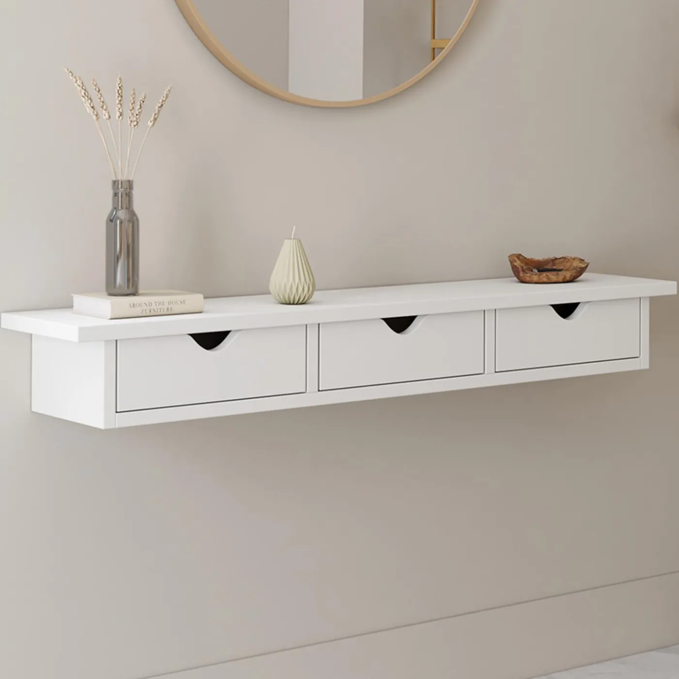 Étagère murale console d'entrée bois blanc 3 tiroirs