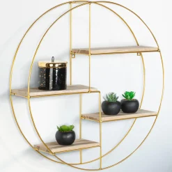 Étagère murale métal doré et bois ronde