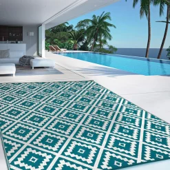 Tapis extérieur bleu canard motifs géométriques 180 x 280 cm