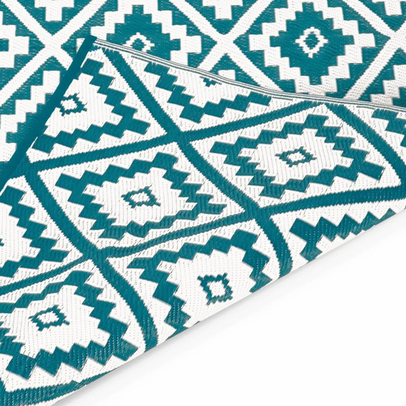 Tapis extérieur bleu canard motifs géométriques 180 x 280 cm
