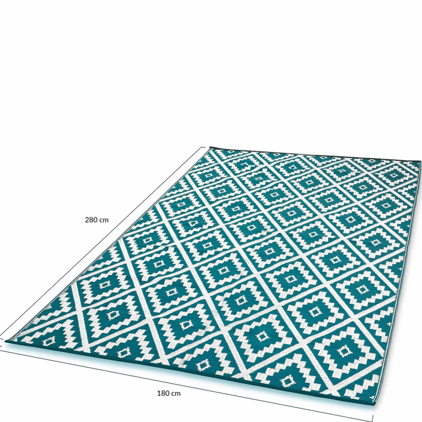Tapis extérieur bleu canard motifs géométriques 180 x 280 cm