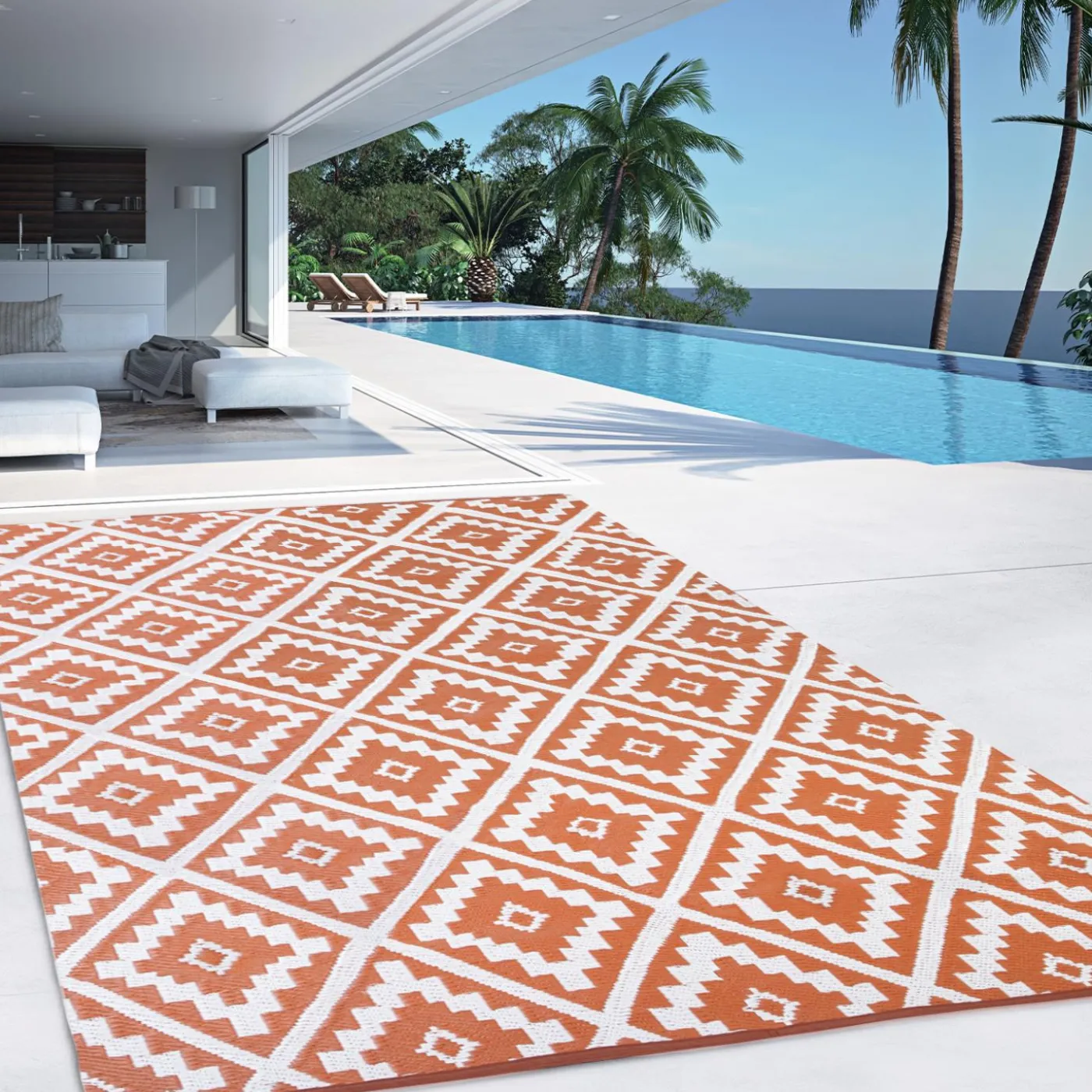 Tapis extérieur terracotta motifs géométriques 270 x 370 cm
