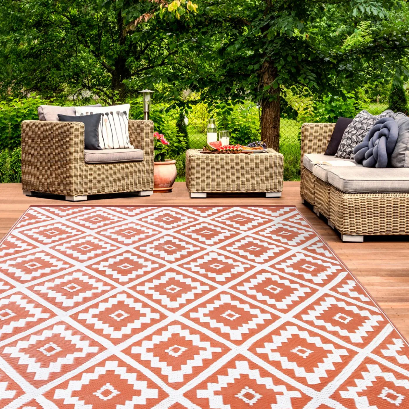 Tapis extérieur terracotta et blanc motifs géométriques 180 x 280 cm