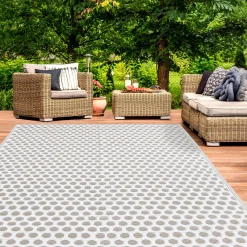 Tapis extérieur terrasse motifs ronds beiges et blancs 180 x 280 cm