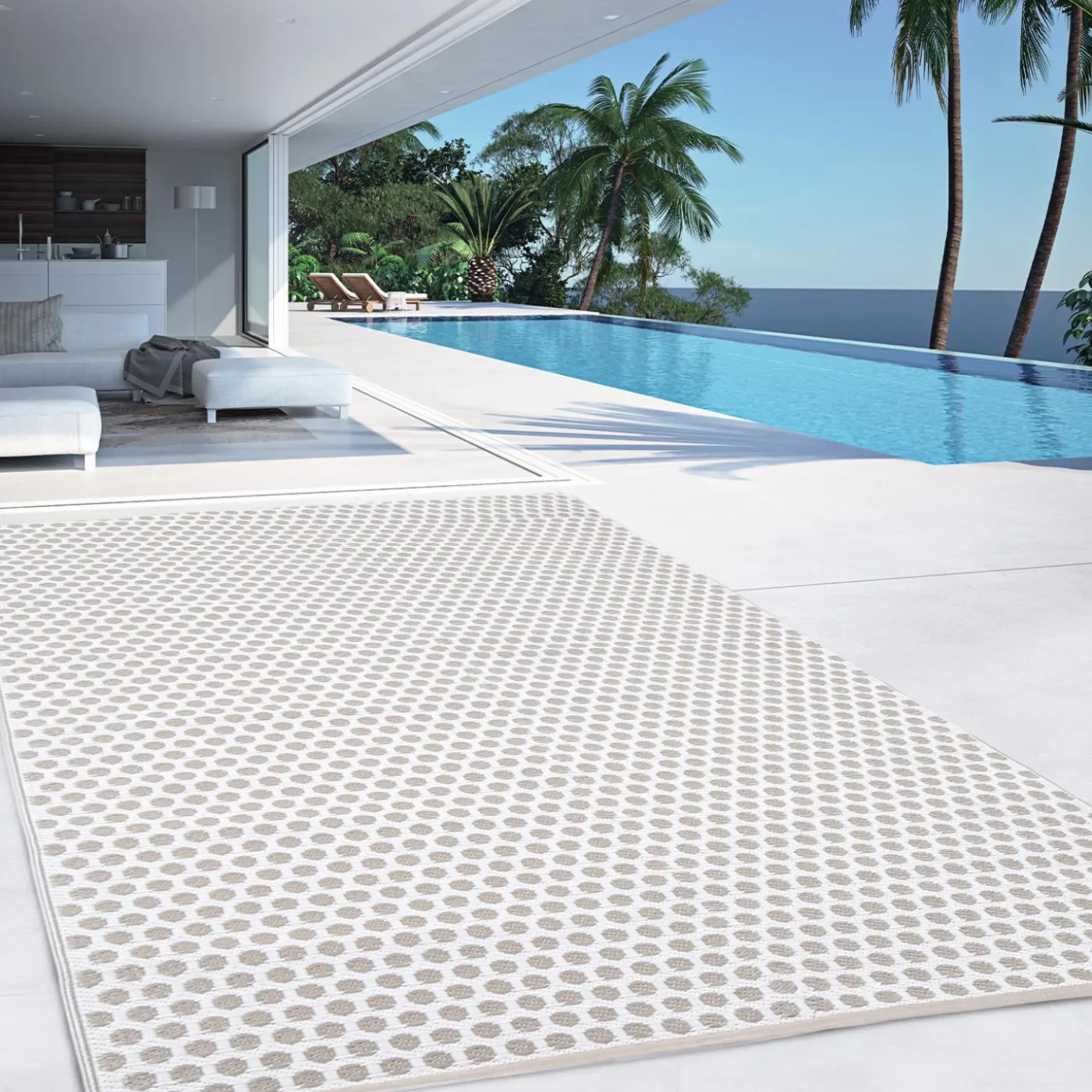 Tapis extérieur terrasse motifs ronds beiges et blancs 180 x 280 cm