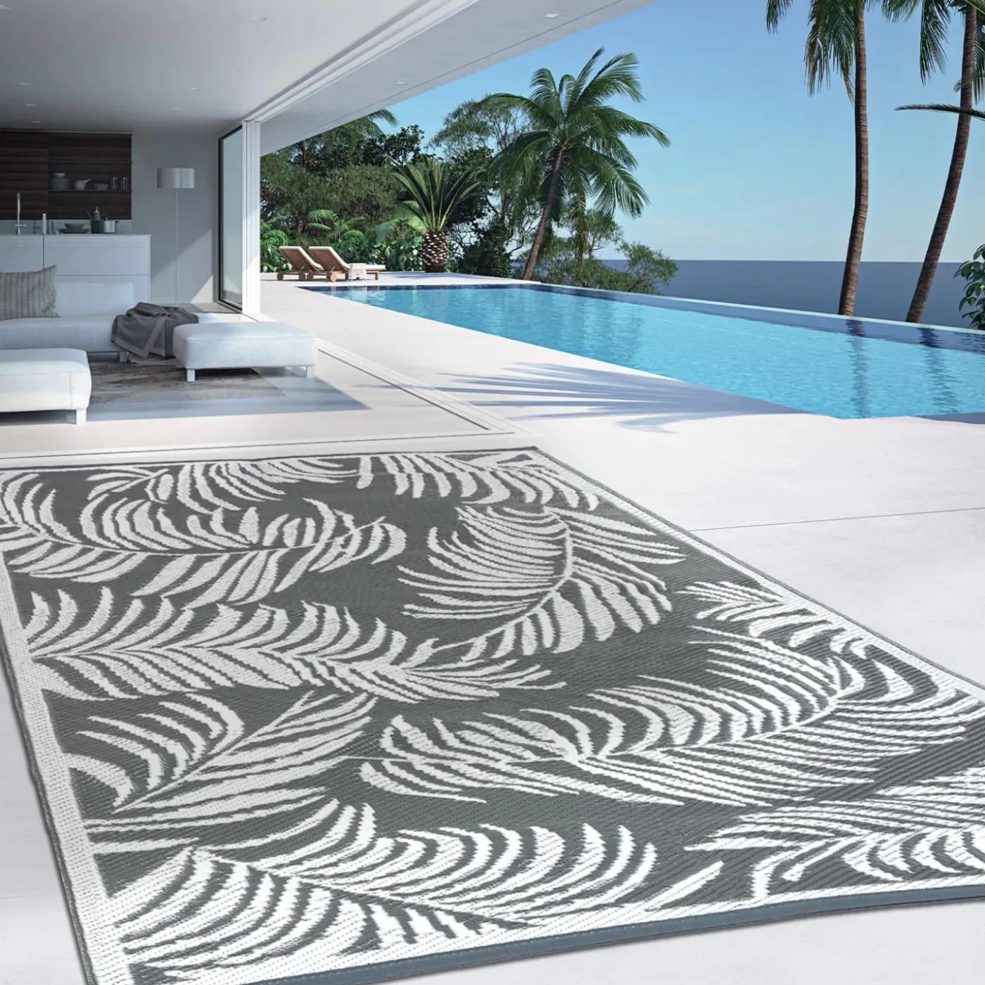 Tapis extérieur terrasse motif tropical gris et blanc 160 x 260 cm