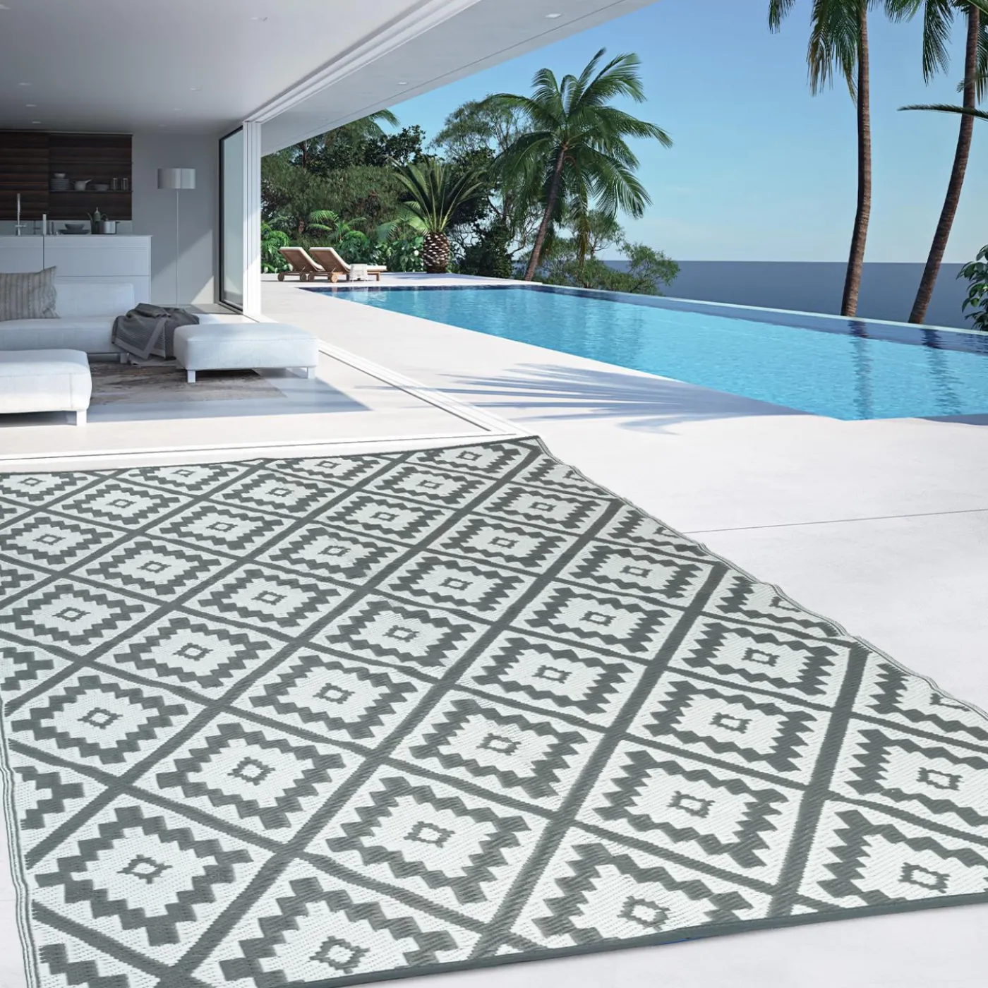 Tapis extérieur terrasse motifs géométriques gris et blanc 160 x 260 cm