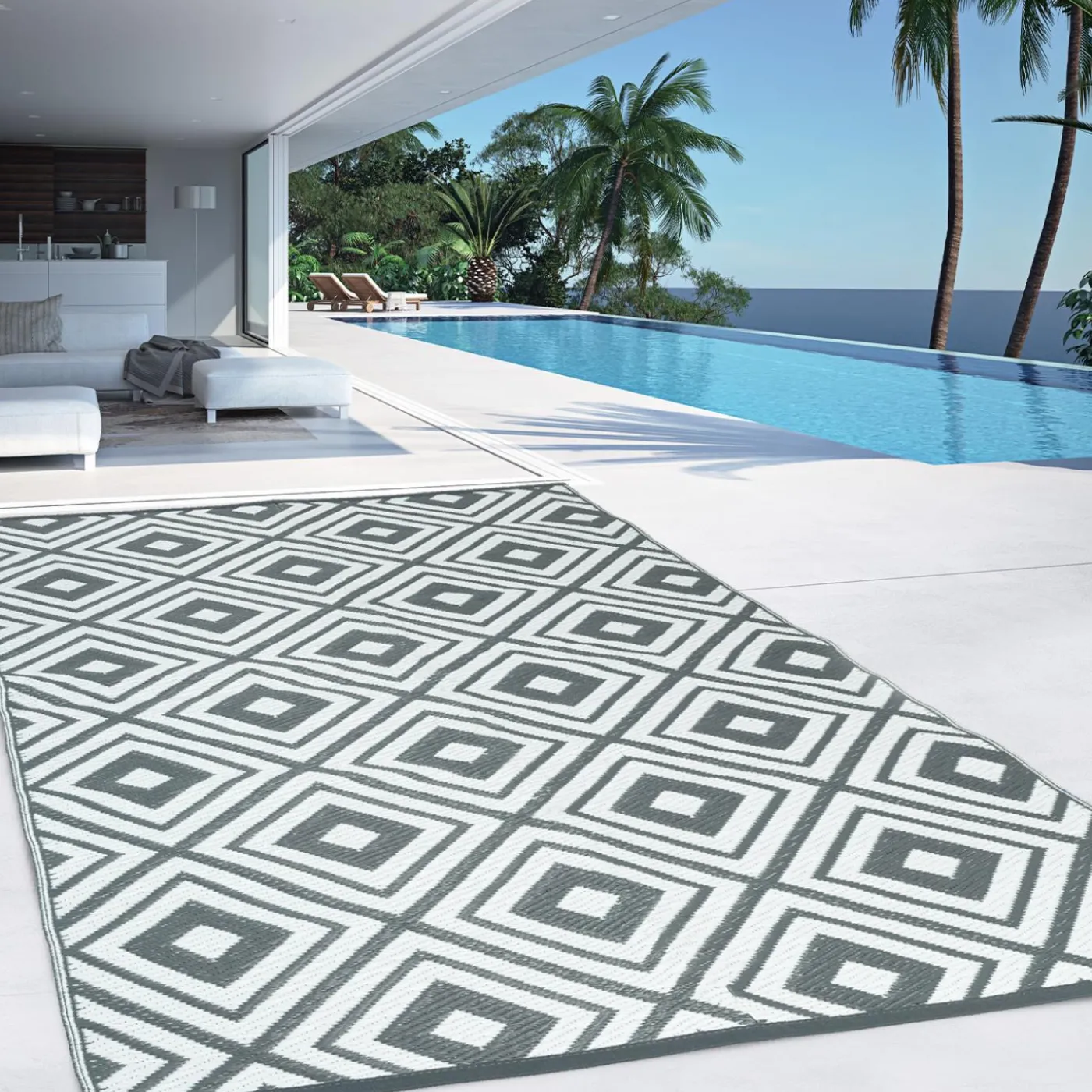 Tapis jardin motifs géométriques gris et blanc 180 x 280 cm