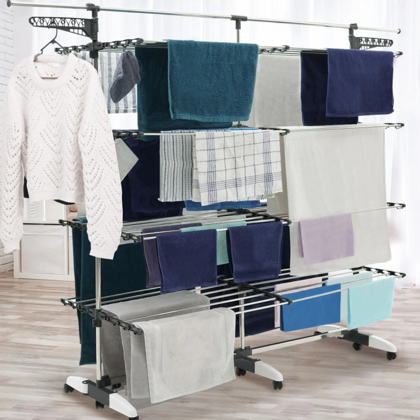Étendoir à linge XXL 60 m sur 4 niveaux avec barre télescopique