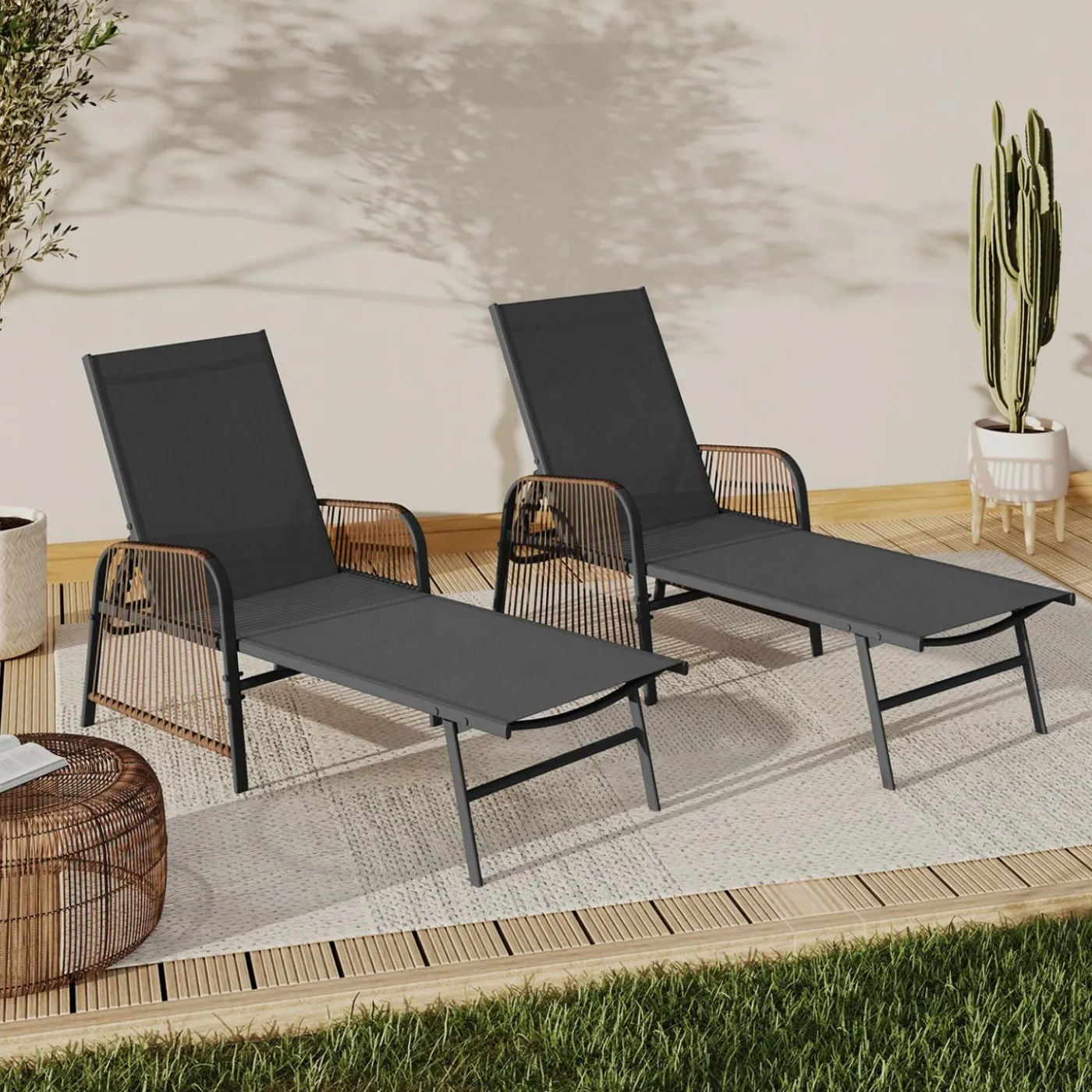 Transats de jardin inclinables gris anthracite avec accoudoirs cordage effet rotin