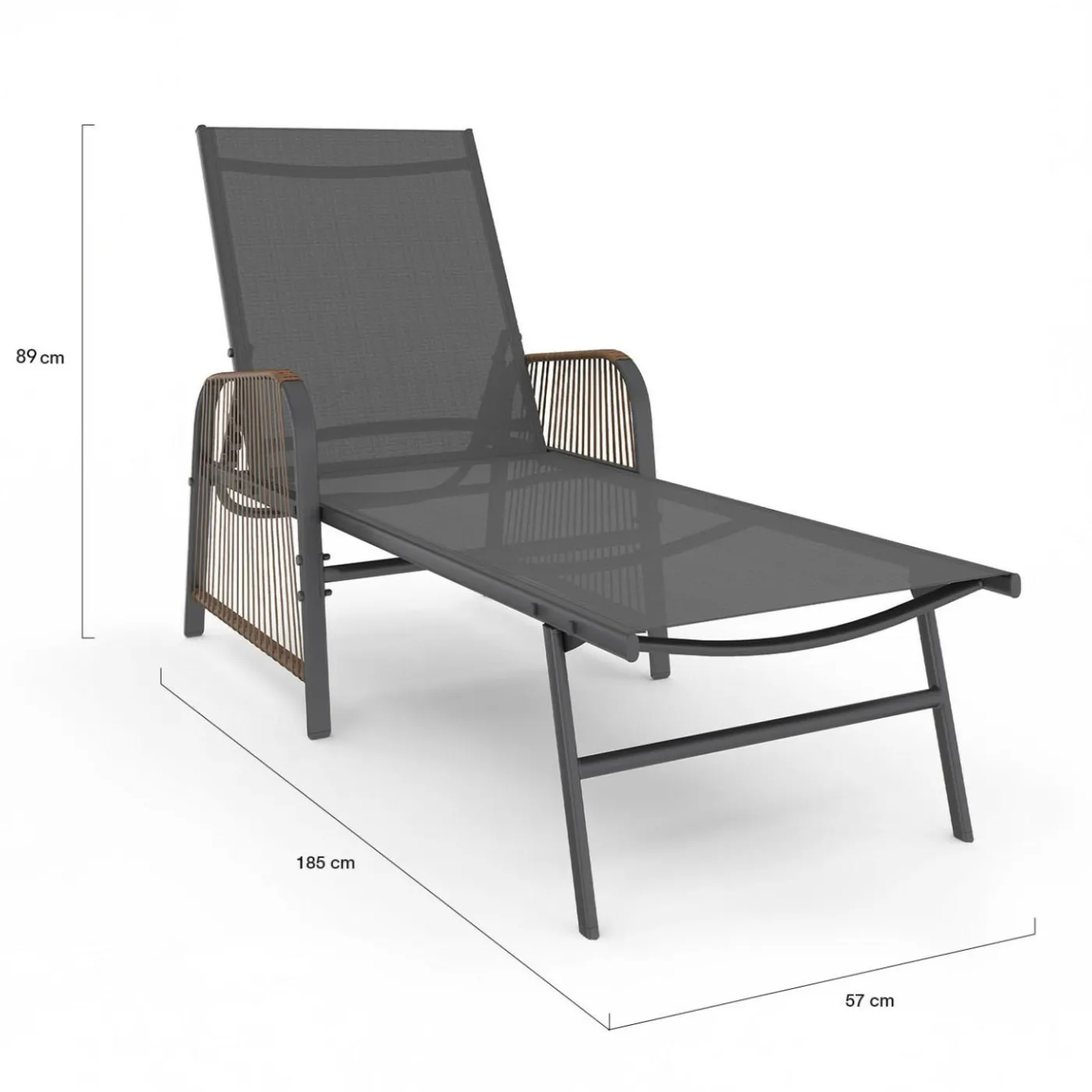 Transats de jardin inclinables gris anthracite avec accoudoirs cordage effet rotin