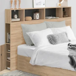 Tête de lit avec rangement intégré bois façon hêtre et noir 145 cm