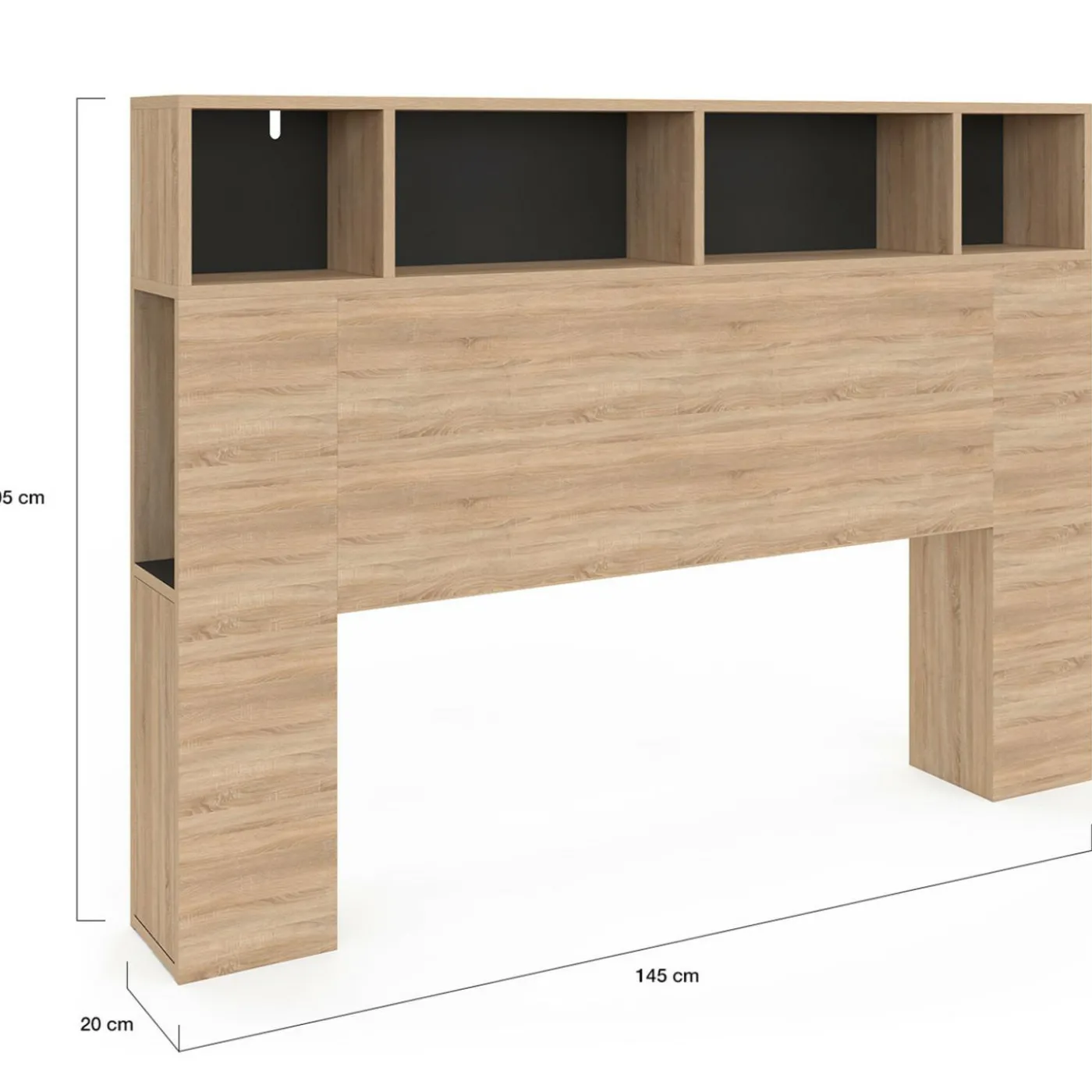 Tête de lit avec rangement intégré bois façon hêtre et noir 145 cm