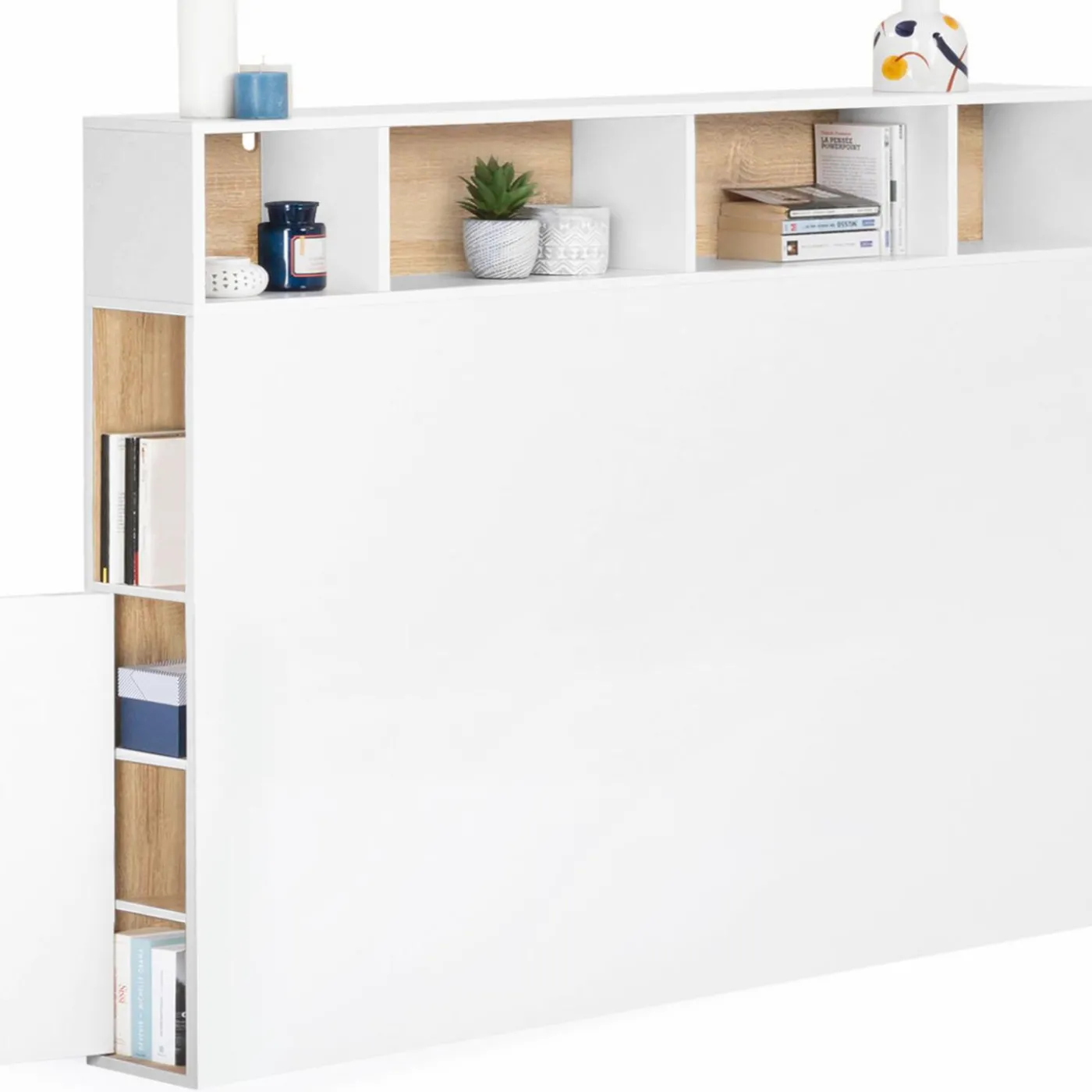 Tête de lit avec rangement intégré 145 cm blanc et bois façon hêtre