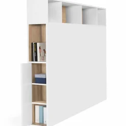 Tête de lit avec rangement intégré 145 cm blanc et bois façon hêtre