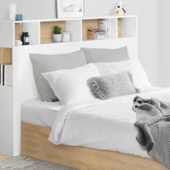 Tête de lit avec rangement intégré 145 cm blanc et bois façon hêtre