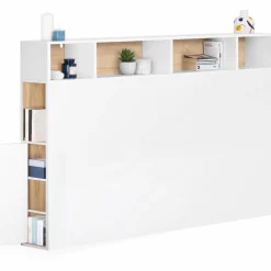 Tête de lit avec rangement intégré 165 cm blanc et bois façon hêtre