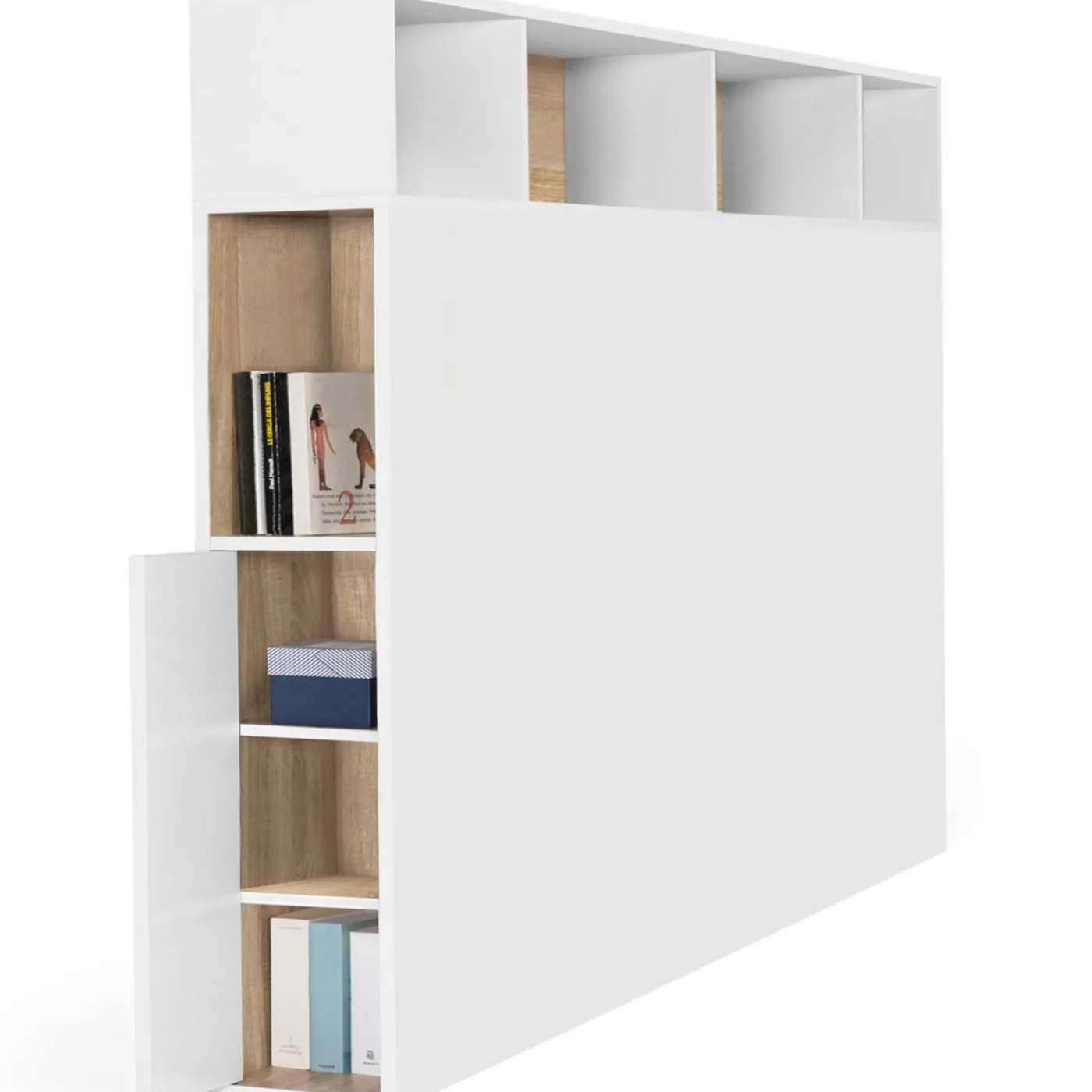 Tête de lit avec rangement intégré 165 cm blanc et bois façon hêtre