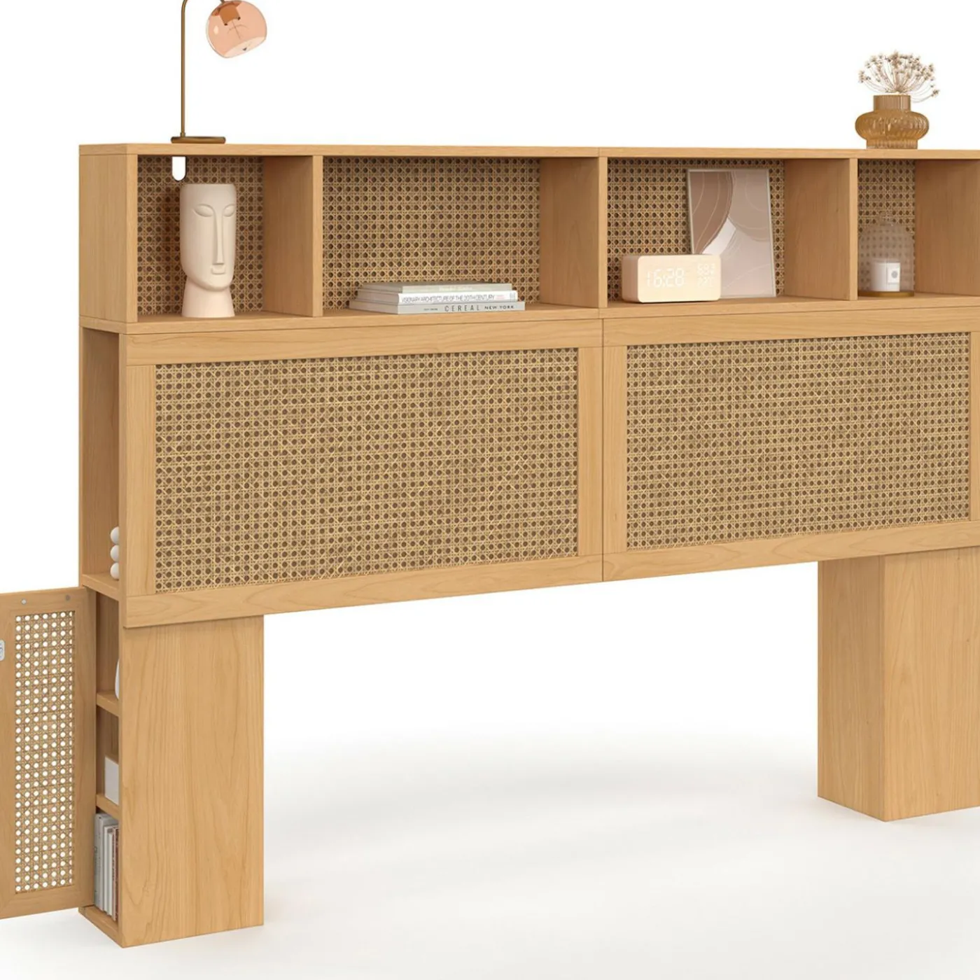 Tête de lit avec rangements fermés et niches cannage et bois 145cm