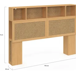 Tête de lit avec rangements fermés et niches cannage et bois 145cm