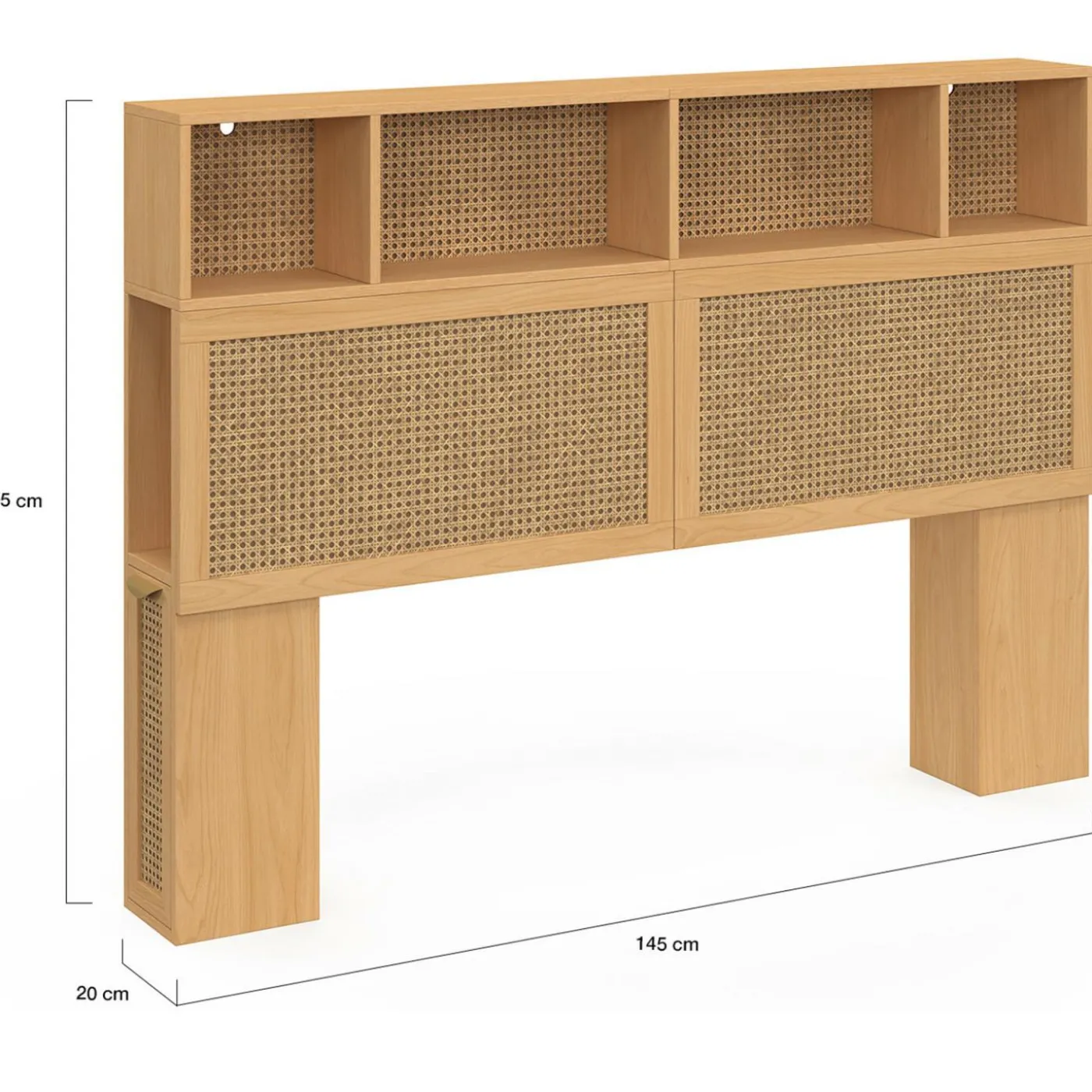 Tête de lit avec rangements fermés et niches cannage et bois 145cm